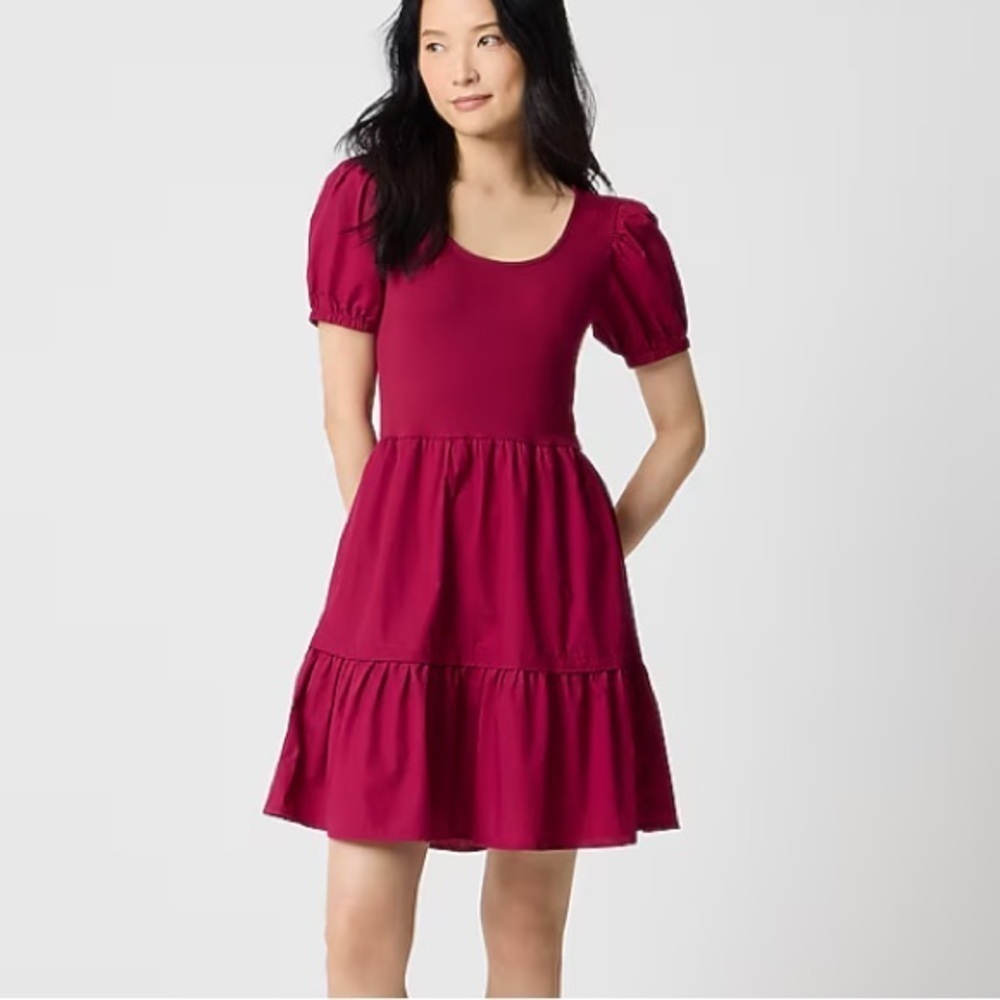 J crew bright burgundy Puff-sleeve knit mixy mini dress